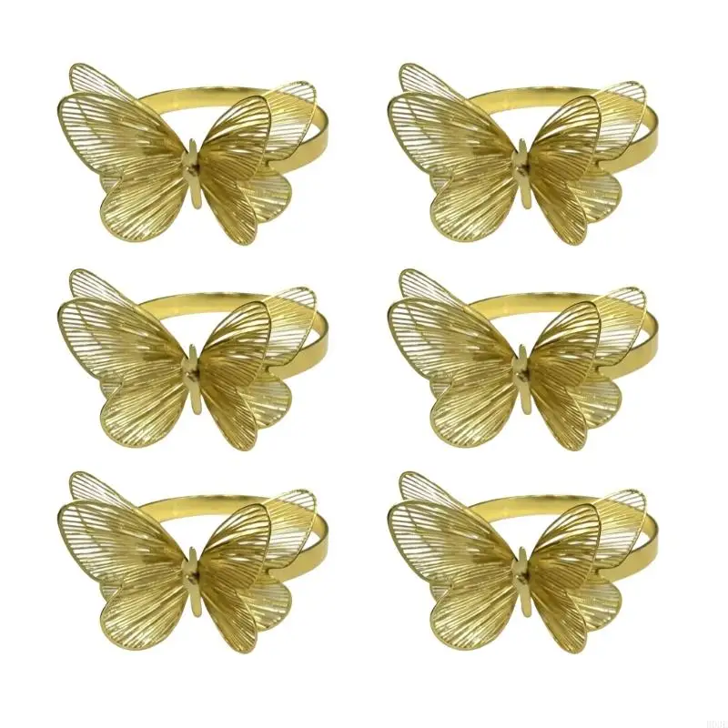 Butterfly Napkin Buckles Set of 6, Gold Metal Napkin Rings with Double Butterfly Front for Wedding Receptions and Formal B03E