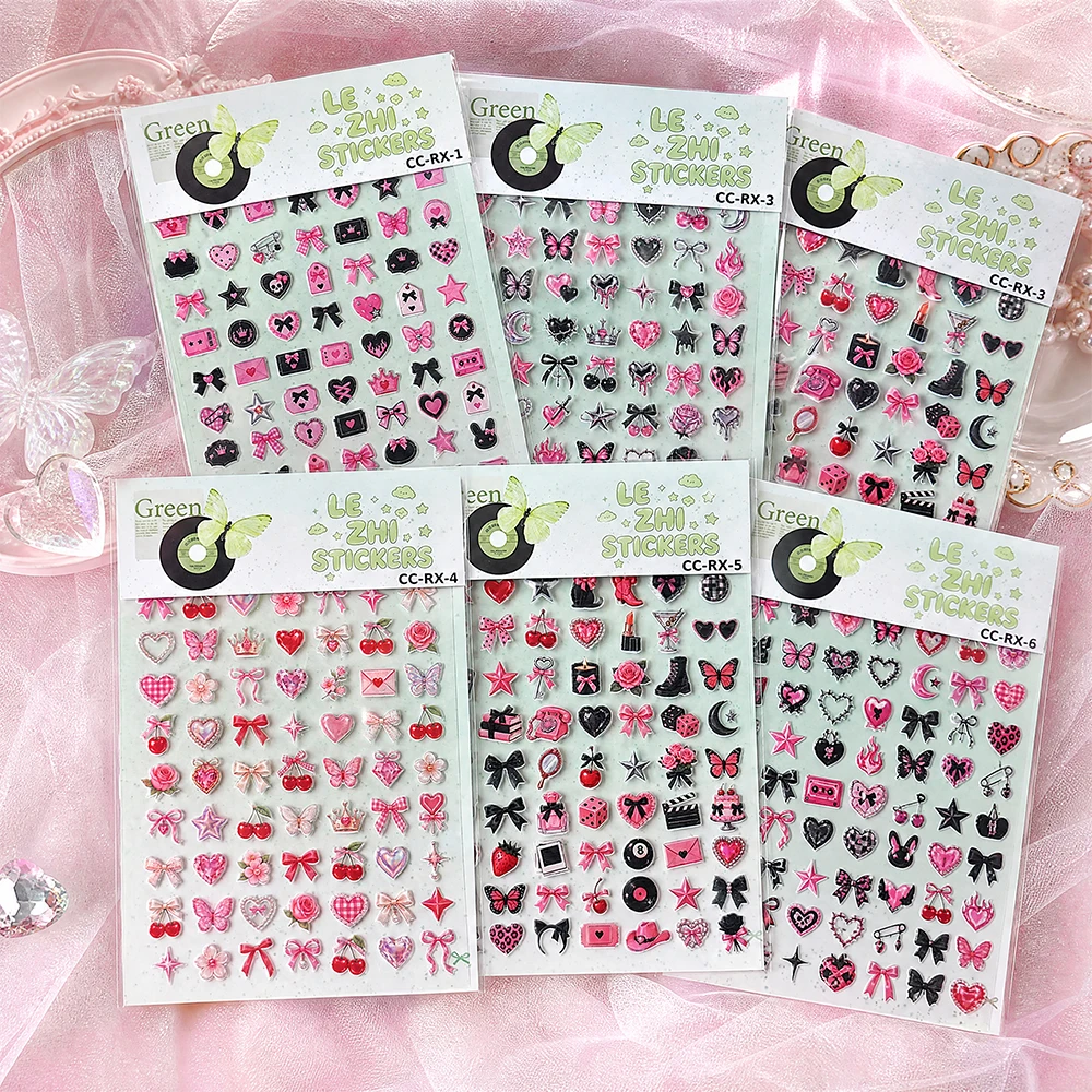 LEZHI 3D Puffy Stickers Y2K Coquette Aesthetic Pink Black Butterfly Heart Decals For Journaling Scrapbooking Phone DIY Gift