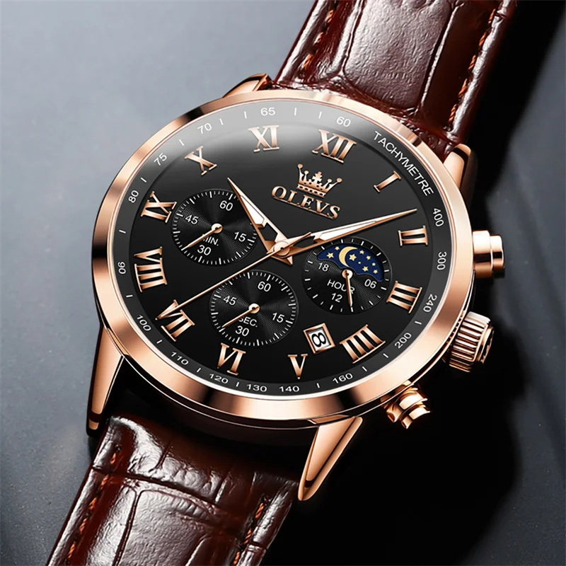 OLEVS Moon Phase Mens Quartz Watch Luxury Chronograph Roman Dial Rose Gold Case Leather Strap Waterproof Business Dress Watch