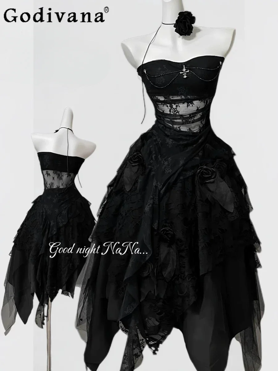 Original Gothic Dark Gauze Strapless Tops + Irregular Jacquard Lace Skirt Set Womens Cos Lolita Outfits Rock Clothing Set 2025