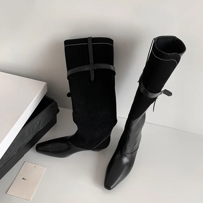 Autumn black cowhide Skinny boots Square toe slip-on Low heel Knee high boots Large rivet Women's Boots