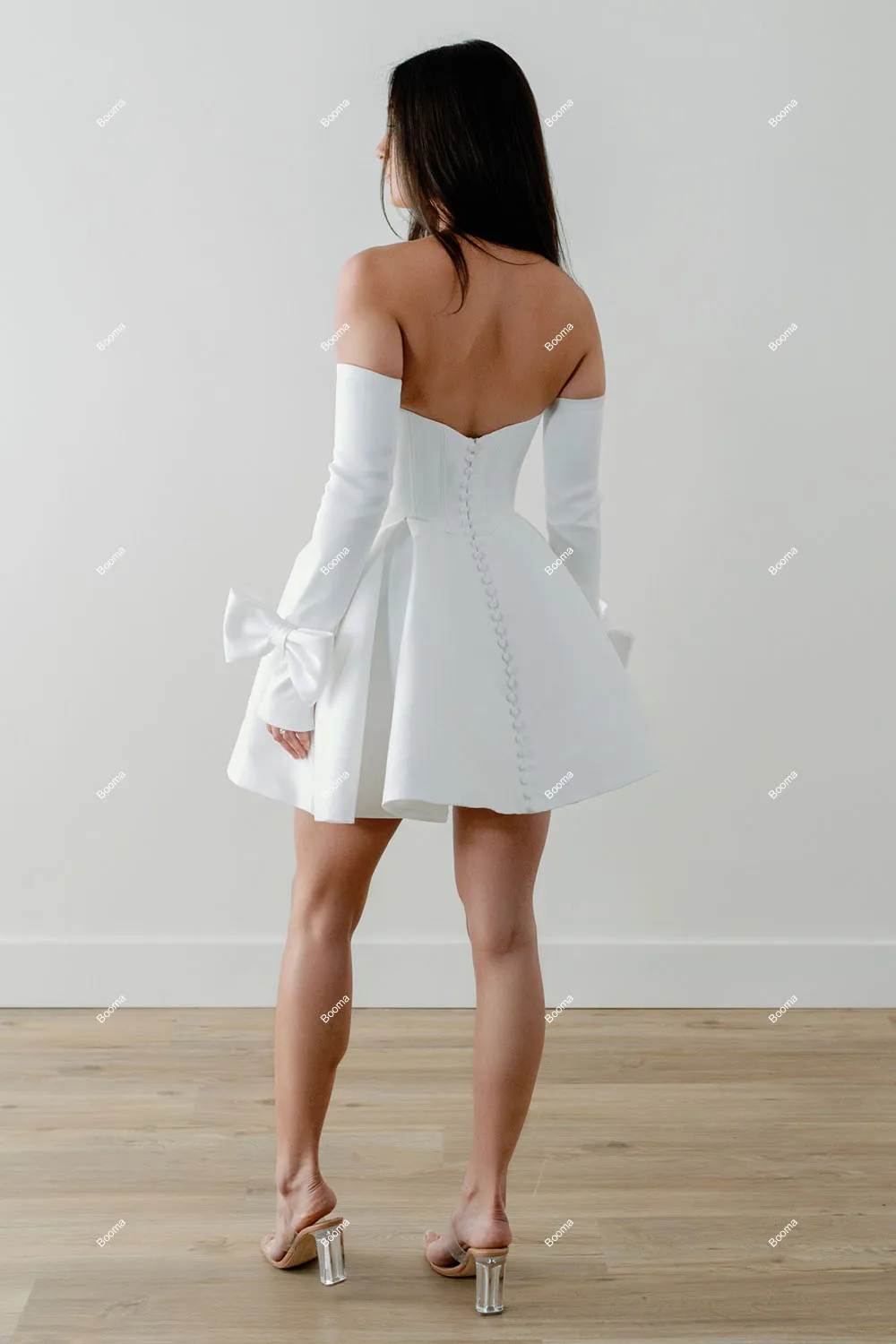 Booma-Mini robe de mariée froncée sans bretelles A-ligne pour femmes, robes de soirée de mariage blanches, poignées, manches amovibles, Rhdes patients, quoi que ce soit avec nœud