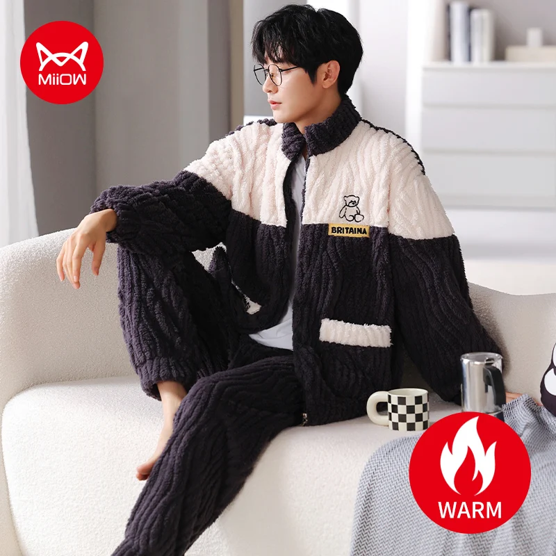 Flannel Winter Men\'s Pajamas Set Black Zipper Long-sleeves Man Homewear Thick Warm Coral Fleece Sleepwear Male Fleece Loungewear