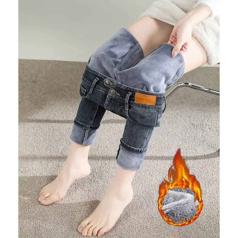 الشتاء الفتيات شيك الكورية مستقيم الساق أفخم الجينز سيدة الموضة عالية الخصر الحرارية سراويل جينز النساء الثلوج الدافئة الصوف السراويل