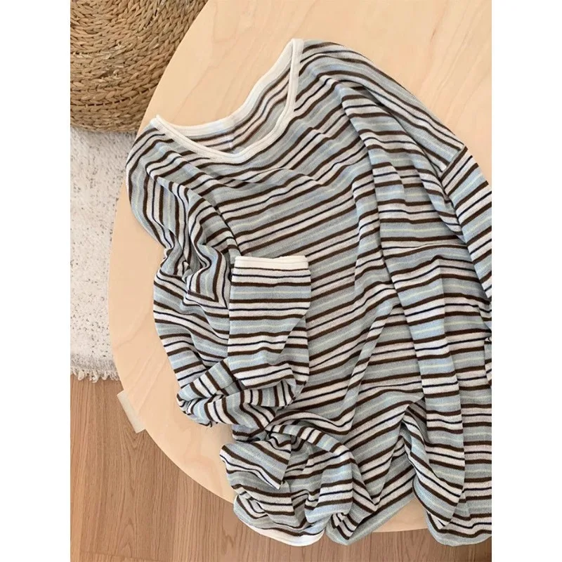 Retro Green Coffee Striped Long Sleeve T-Shirt Women's Loose Round Neck Pullover Fashion Contrast Color Top