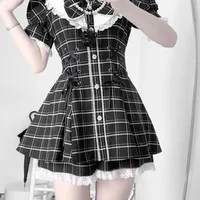 Jirai Kei Bow Dress Women Sweet Kawaii Style Black Pink Lolita Y2K Skirt Lace Short Sleeve Outfits Japanese School Girl Uniform 6