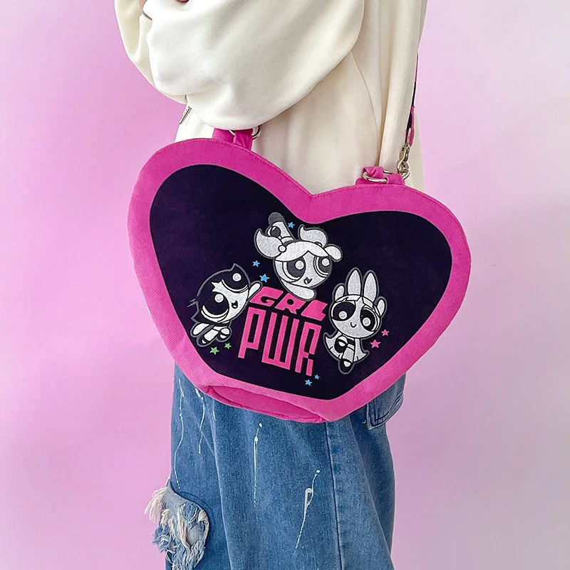 The Powerpuff Girls Crossbody Bag Cute Two-Purpose Small Bag Three-Dimensional Wide Handle Heart-Shaped Shoulder Bag Handbag