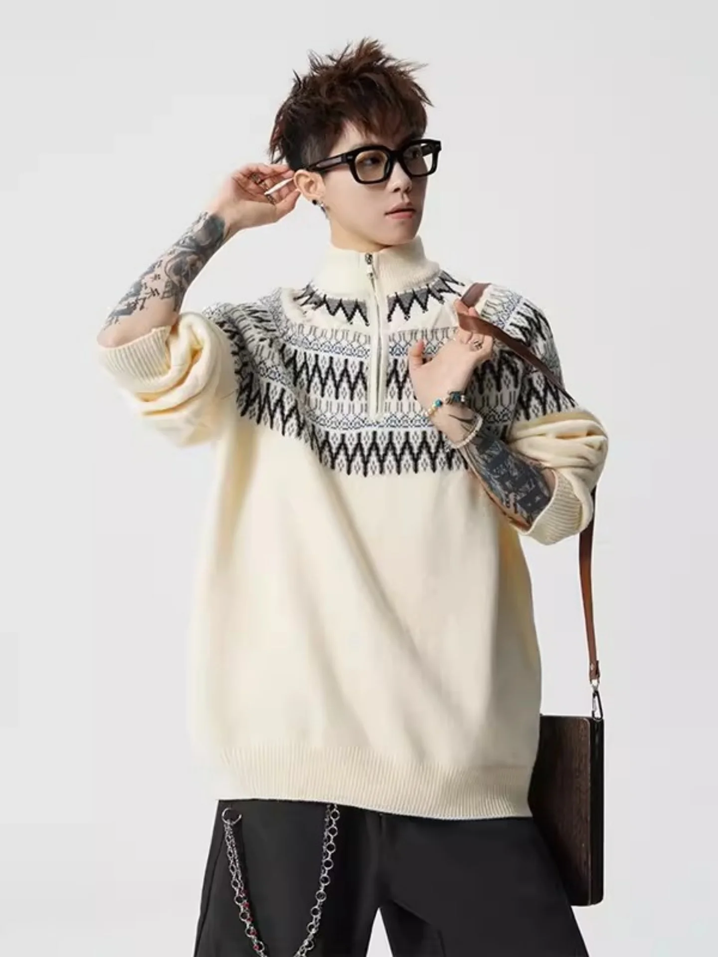 

Мужской зимний теплый свитер в стиле ретро Fair Isle с высоким воротником на молнии, из полиэфирного волокна