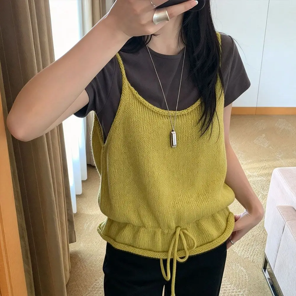 School Style Layering Knit Vest Lace Up Korean Style Sweater Vest Waist-Cinching Sleeveless Vest Early Autumn