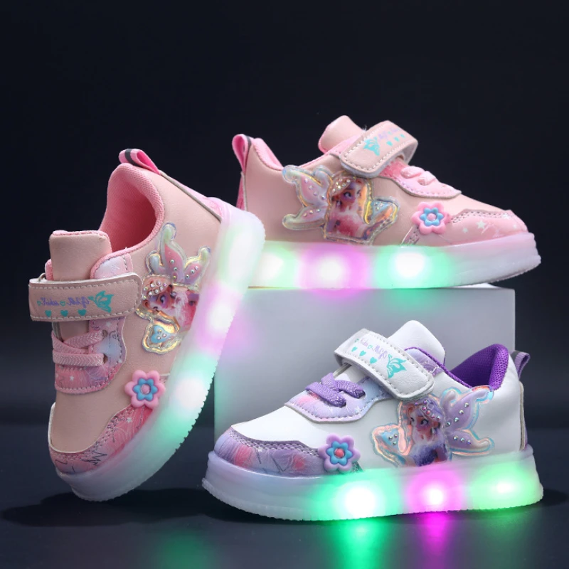 Disney LED Casual Sneakers For Spring Girls Frozen Elsa Princess Print Pu Leather Shoes Children Lighted Non-slip Pink Purple