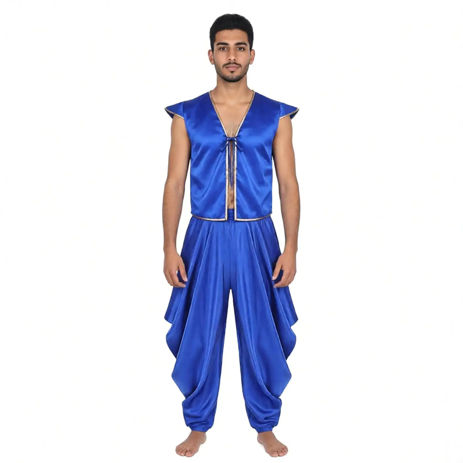 Men Aladini Arabian Prince Cosplay Costume Satin Waistcoat Vest Top Harem Pants Suit Halloween Theme Party Carnival Stage Outfit