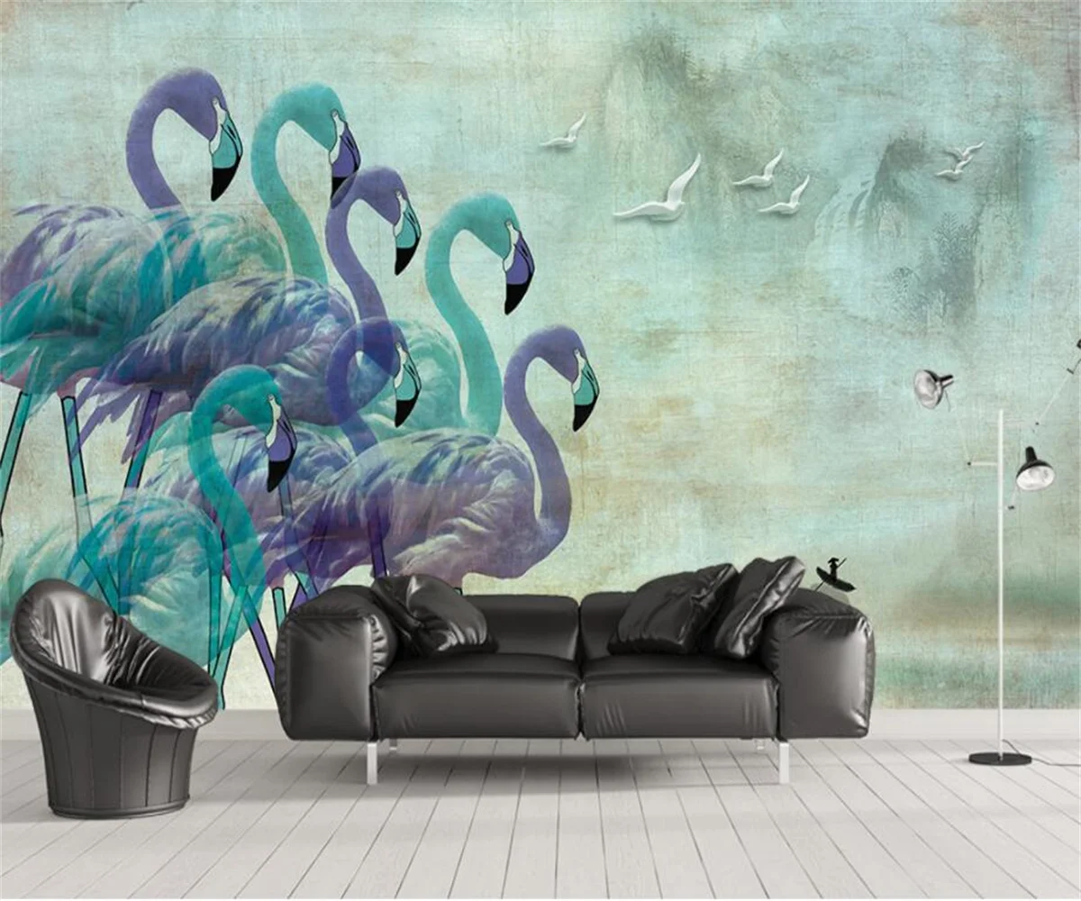 3D three-dimensional blue flamingo nostalgic photo wallpaper home decoration 3D background mural self-adhesive material optional