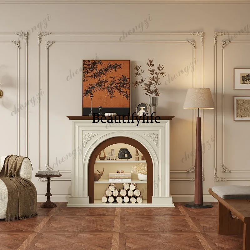 New Chinese fireplace cabinet French retro decorative cabinet Living room background wall electronic simulation fire entrance po