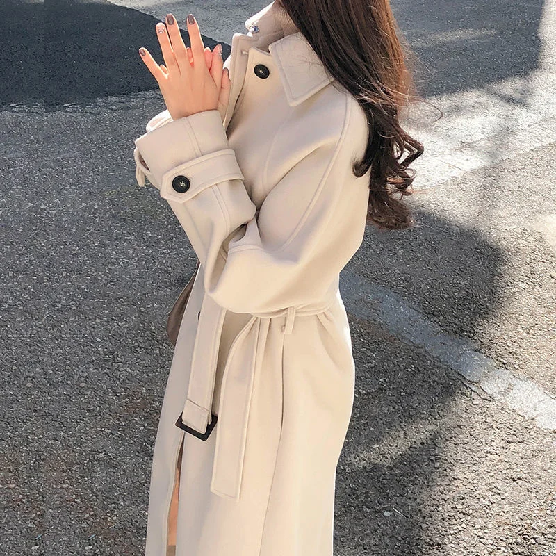 

2022 Autumn And Winter New Korean Version Loose Mid-length Waistband Tie Temperament All-match Thickened Woolen Coat Women