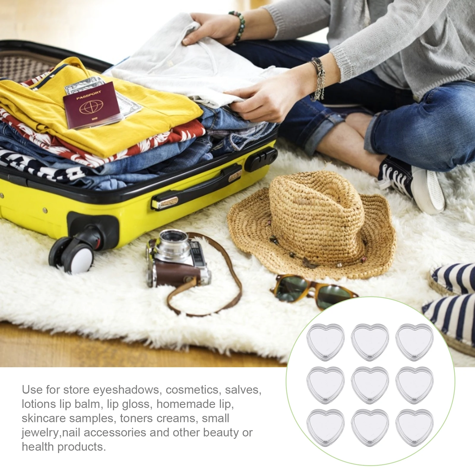 

100pcs Heart Shaped Containers Durable Plastic Empty Jars Travel Camping Home Eyeshadow Samples Skincare Storage