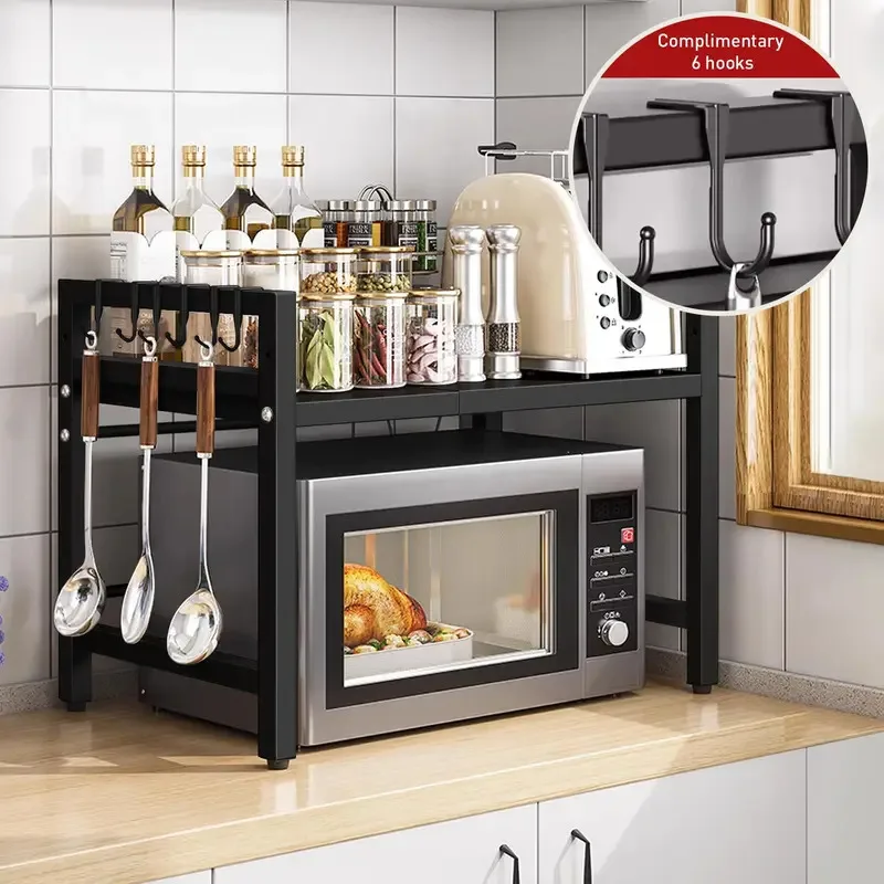 Expandable 42-64 cm microwave shelf organizer, moisture- and rust-proof kitchen countertop rack, adjustable tableware storage