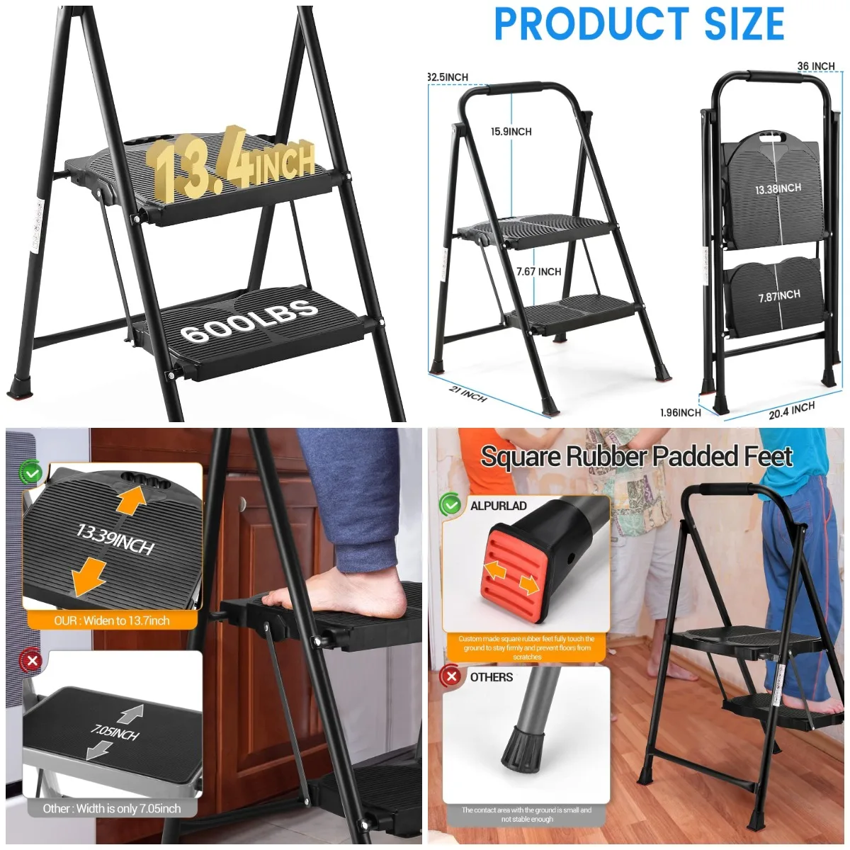 

2-ступенчатая складная лестница 600 фунтов, сверхпрочный стальной табурет-ступенька с противоскользящей педалью и рукояткой, матовый черный