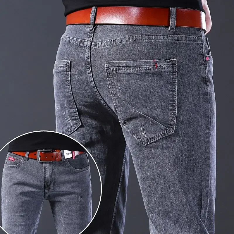 Men Fashion Casual Straight Narrow Leg Pants Classic Business Jeans Male New Stretch Solid Black Trousers