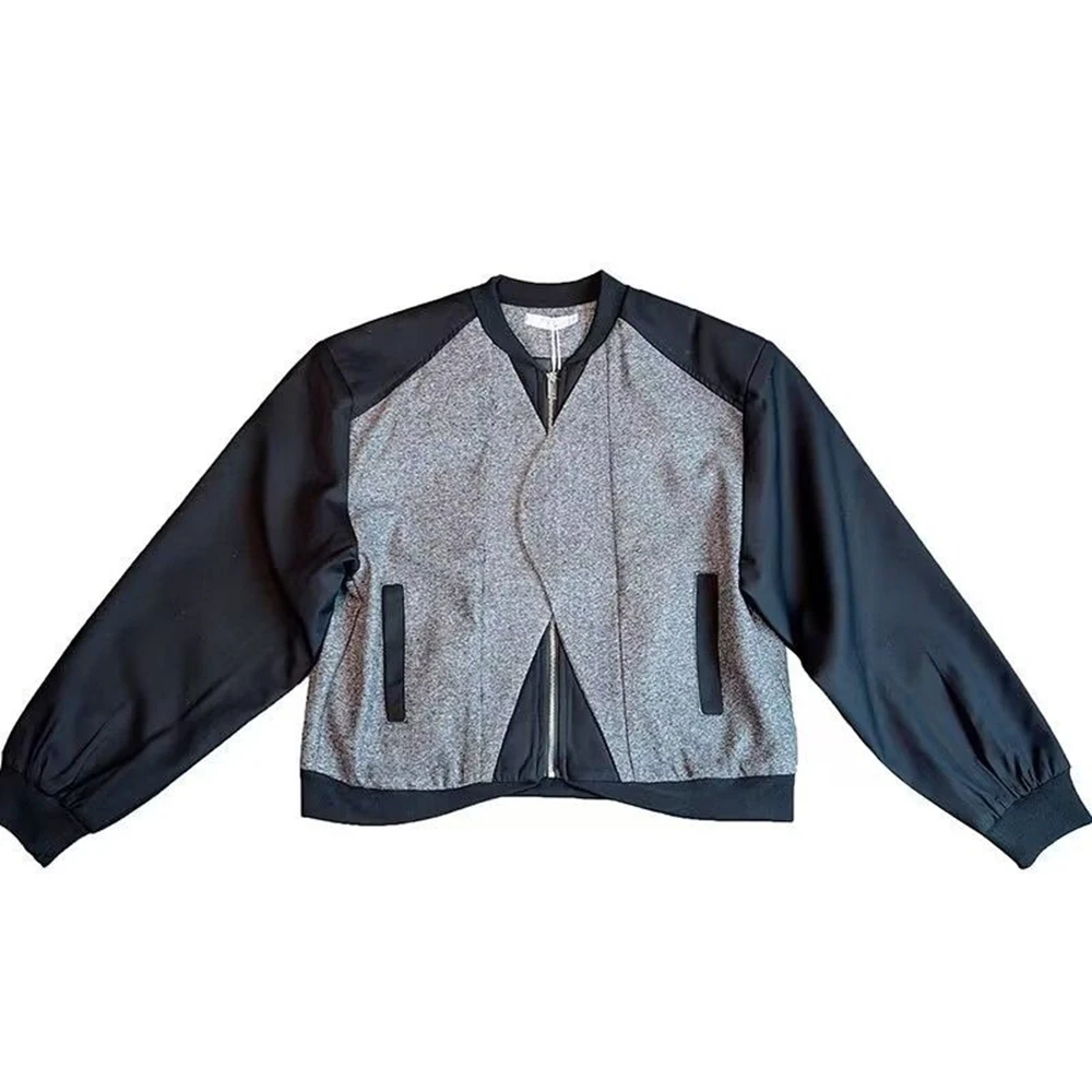 Mens Autumn Jacket Woolen Patchwork Fake Two-Piece Zipper Contrast Color Casual Streetwear Male Top New Fashion Men'S Clothing