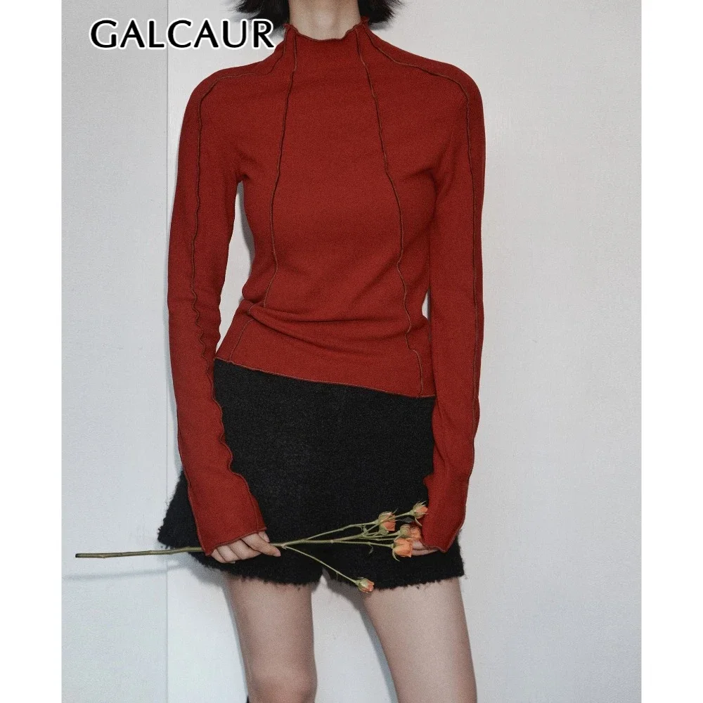 GALCAUR Solid Slimming Fashion T Shirts for Women Half High Neck Long Sleeve Temperament Pullover Female Minimalism Clothing New