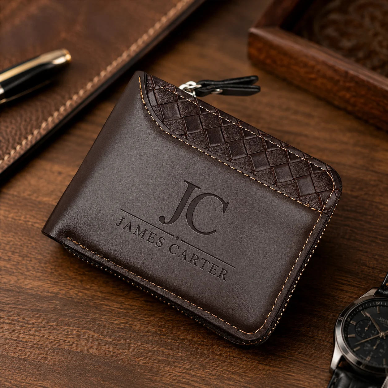 Custom Men's PU Leather Wallet Personalized Zipper Wallet with Name Initials Coin Pocket Card Holder Daily Business Gift for Men