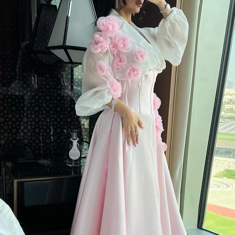 Elegant Luxury Evening Dress 2024 Contrast Color 3D Flowers Satin Bones Floor Leength Long Sleeve Square Neck Quinceanera Dress