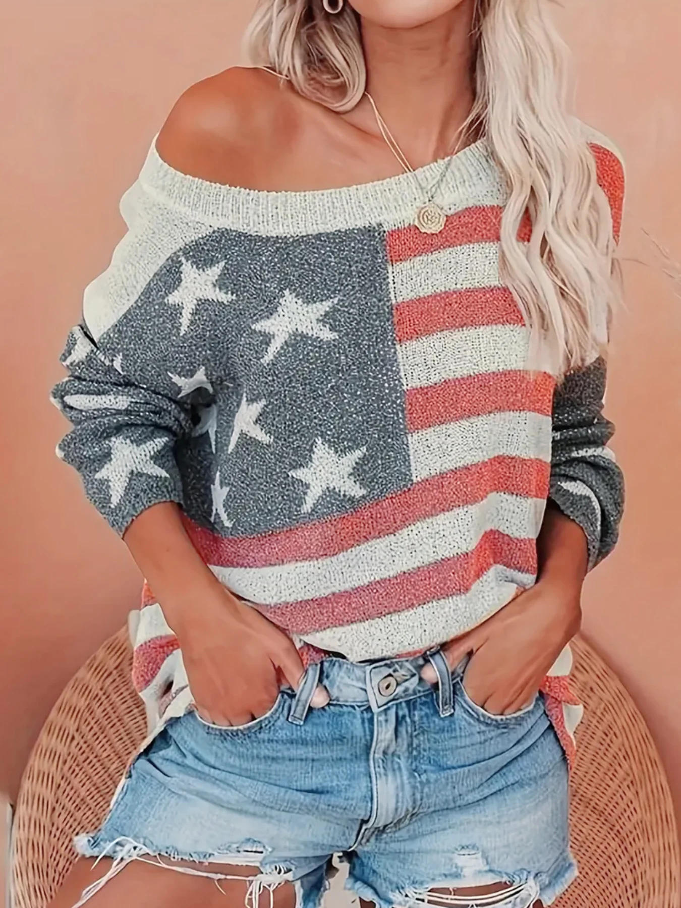 Knitwear Flag Independence Day off-the-shoulder long-sleeved top spring/summer