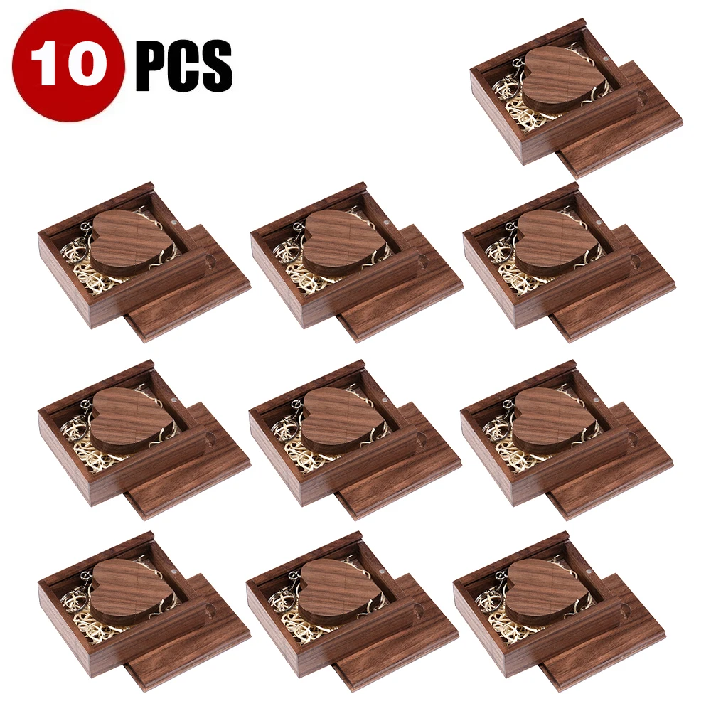 JASTER 10 PCS/LOT Wooden Heart Shape USB Flash Drive 128GB  Walnut Wood Box Pen Drive with Keychain 64GB Wedding Gift Free Logo