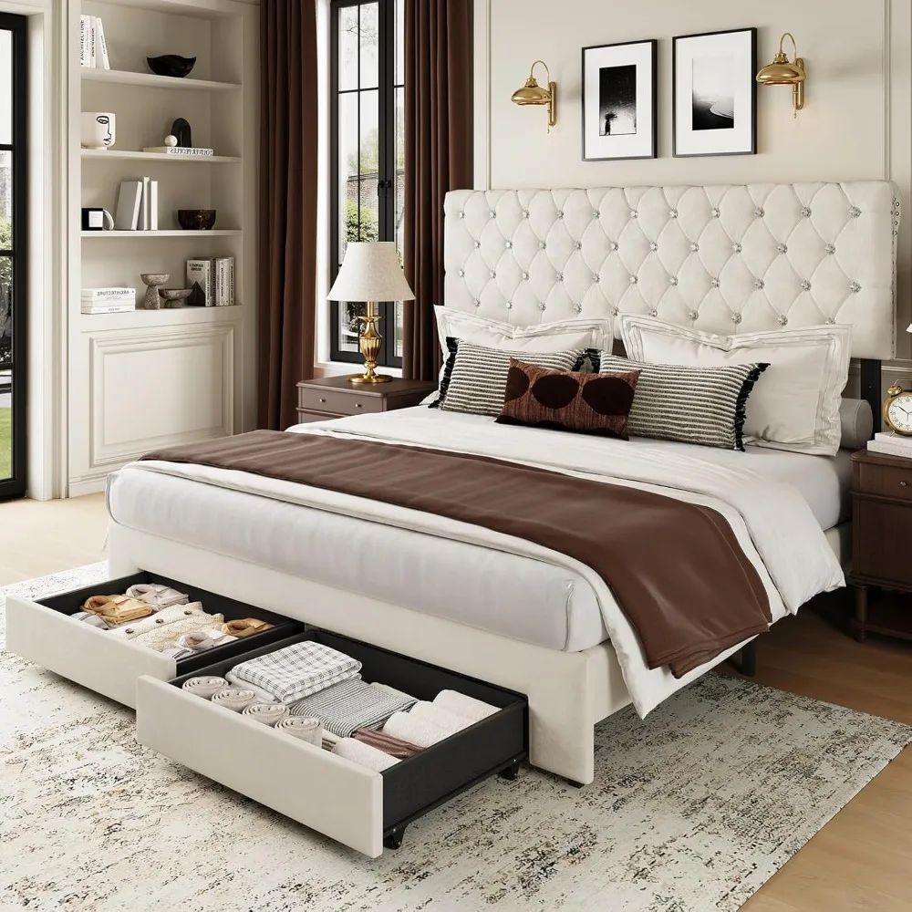 

Queen Size Bed Frame with 2 Storage Drawers, Upholstered Bed Frame with Adjustable Diamond Headboard, Velvet Modern Plat