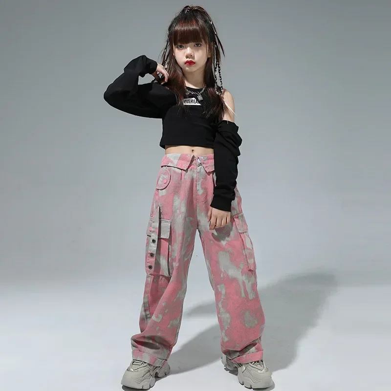

Girl Hip Hop Clothing Black Cold Shoulder T Shirt Crop Top Pink Camouflage Casual Cargo pants for Kid Jazz Dance Costume Clothes