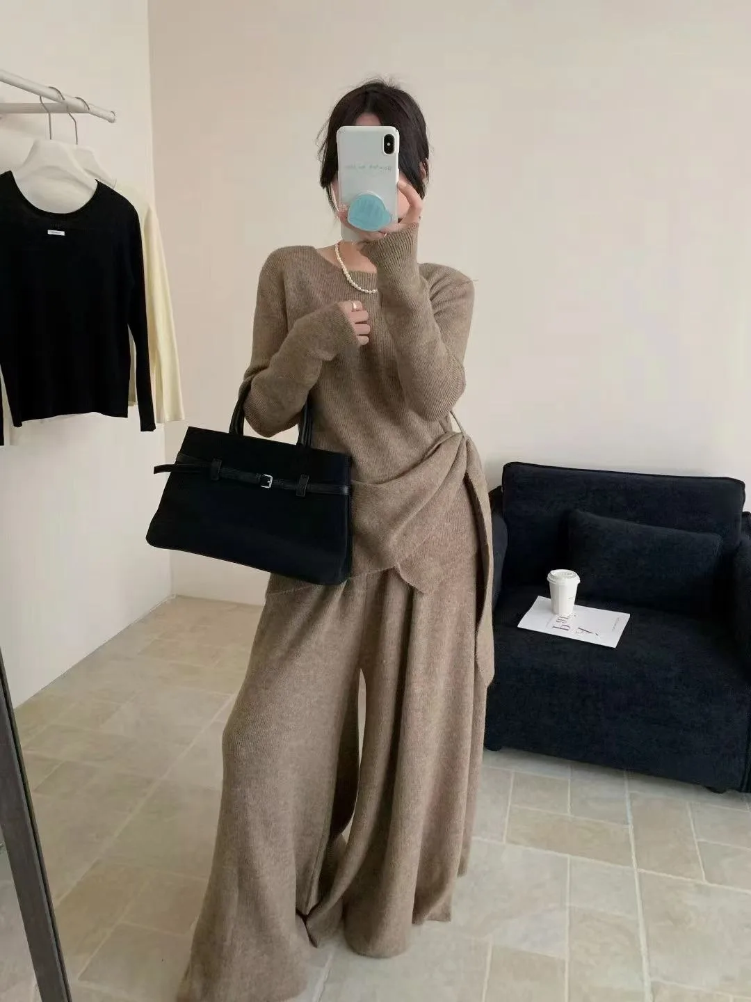 Korean Style High Waist Wide Leg Pants Knitted Sweater Set Women's Winter Fashion Asymmetrical Tied Top Bottom Ensemble