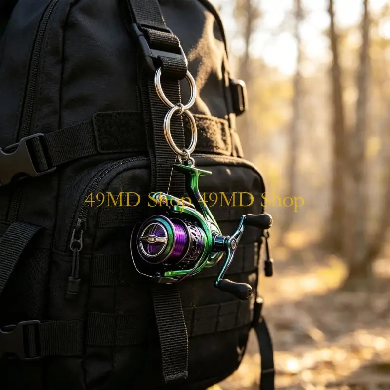 49MD Compact Fishing Reel Inspired Keychain for Daily Use, Split Ring Charm for Key Organization and Bag Decoration