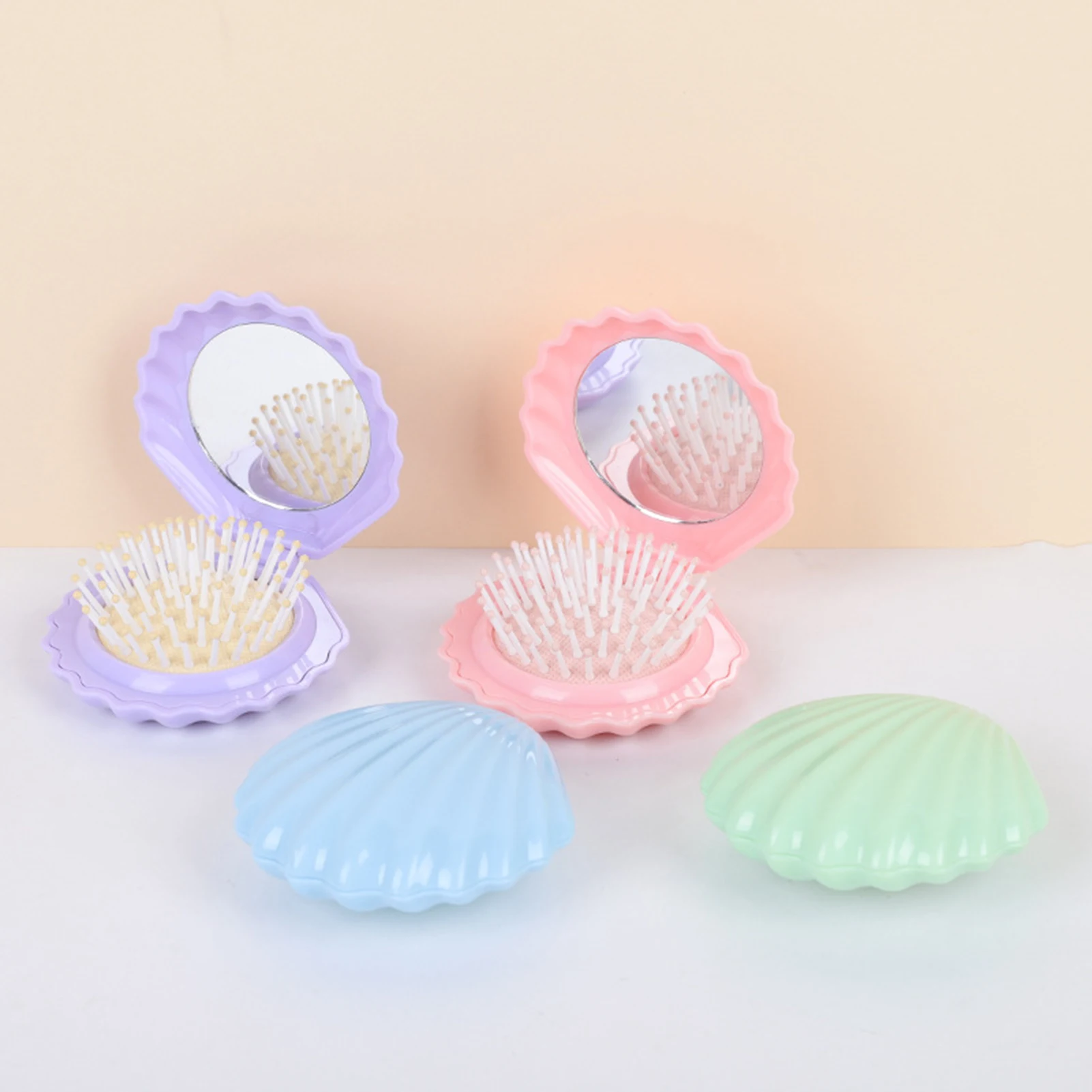 Women's Hair Comb Travel Mirror Folding Massage Cushion Brush Compact Shell Shape Portable Grooming Tool for Handbag