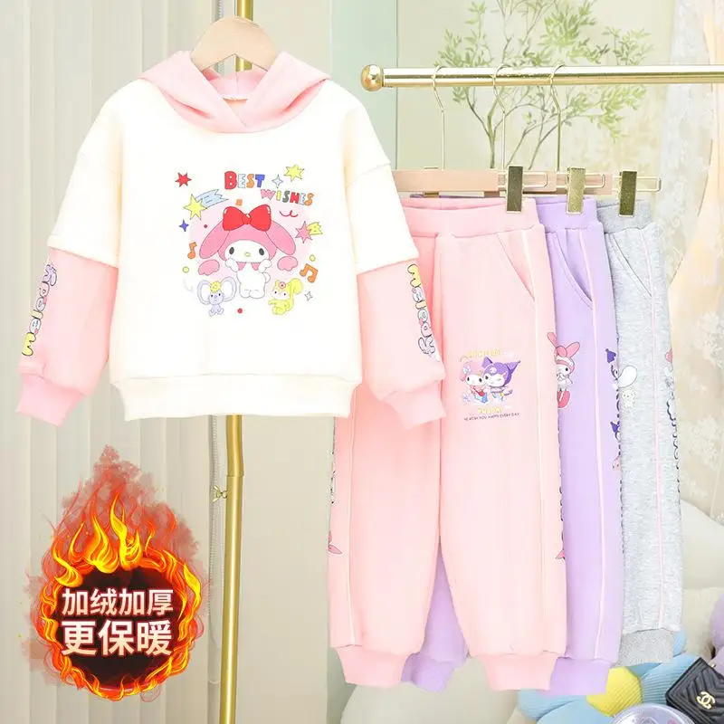 

Sanrio Children Thickening Sweatsuit Pants Set Kuromi Kawaii Anime Student Winter Casual Tops Pants 2-Piece Set Girl's Clothing