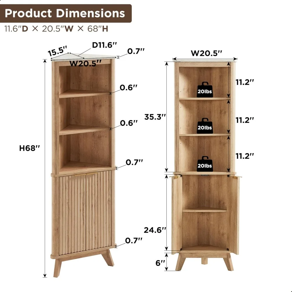 68" hoher Eckschrank, moderner geriffelter Aufbewahrungsschrank mit Kunstmarmorplatte und verstellbaren Regalen, gebogenes Profildesign,