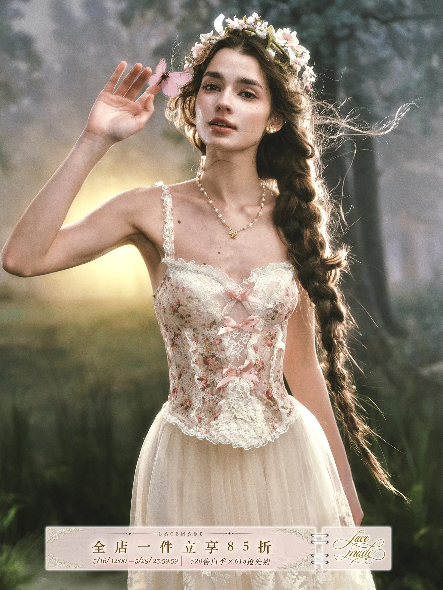 

Flagship LaceMade Forest Rose Fishbone Bralette Strap Lace Top Women's Vest Outerwear Knot Floral Print Princess Se...