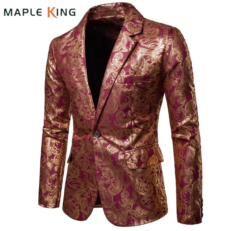 Blazer Estampado Dress Jacket Men Vintage Glossy Gold Bronzing Paisley Floral Printed Wedding Party Dress Men Suit Jacket Coats