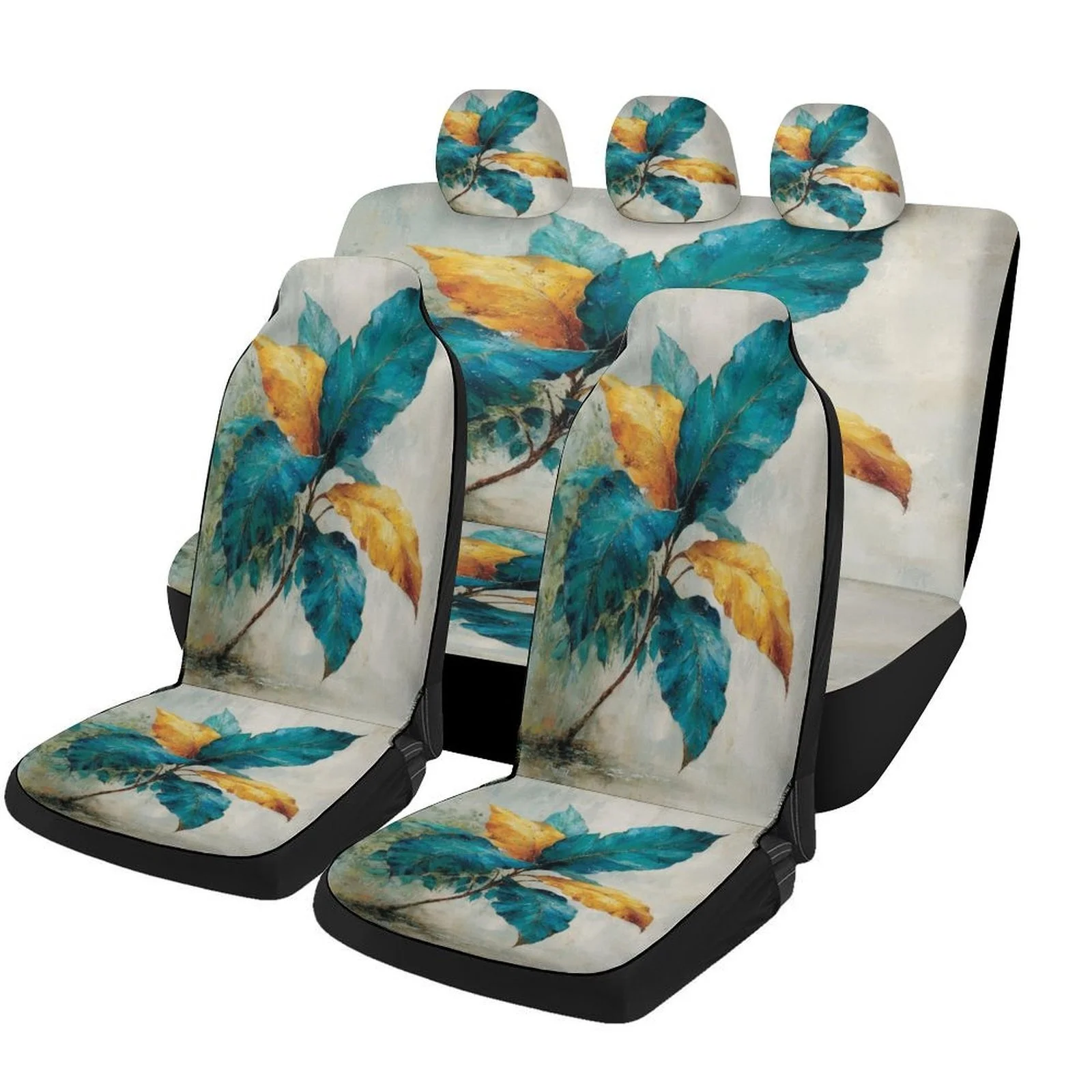 Set Of Car Seat Covers Featuring A Design Of Autumn Leaves, Suitable For A Variety Of Vehicles. These Stylish And High-Quality P