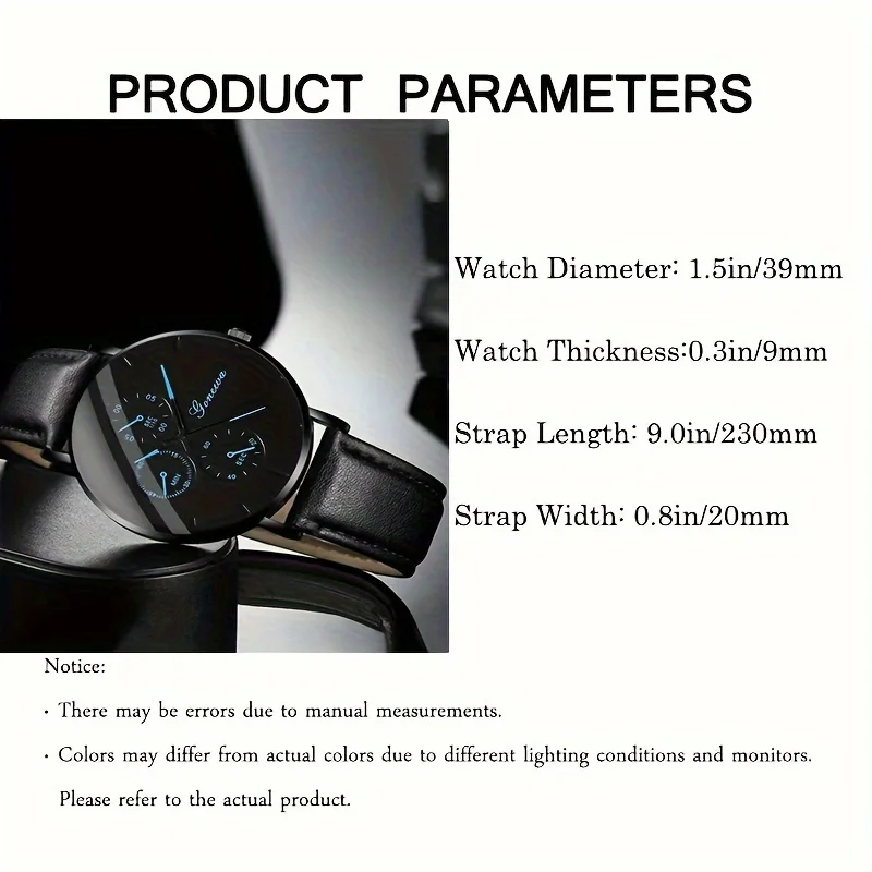 ساعة كوارتز ترفيهية للرجال ، ساعة معصم جلد صناعي تناظرية ، مجموعة مجوهرات ، 3 في كل مجموعة