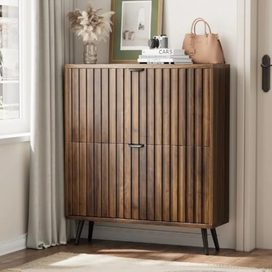 Entryway shoe storage cabinet in walnut fluted finish with matte black metal legs, slim 31.5in design featuring hidden flip doo