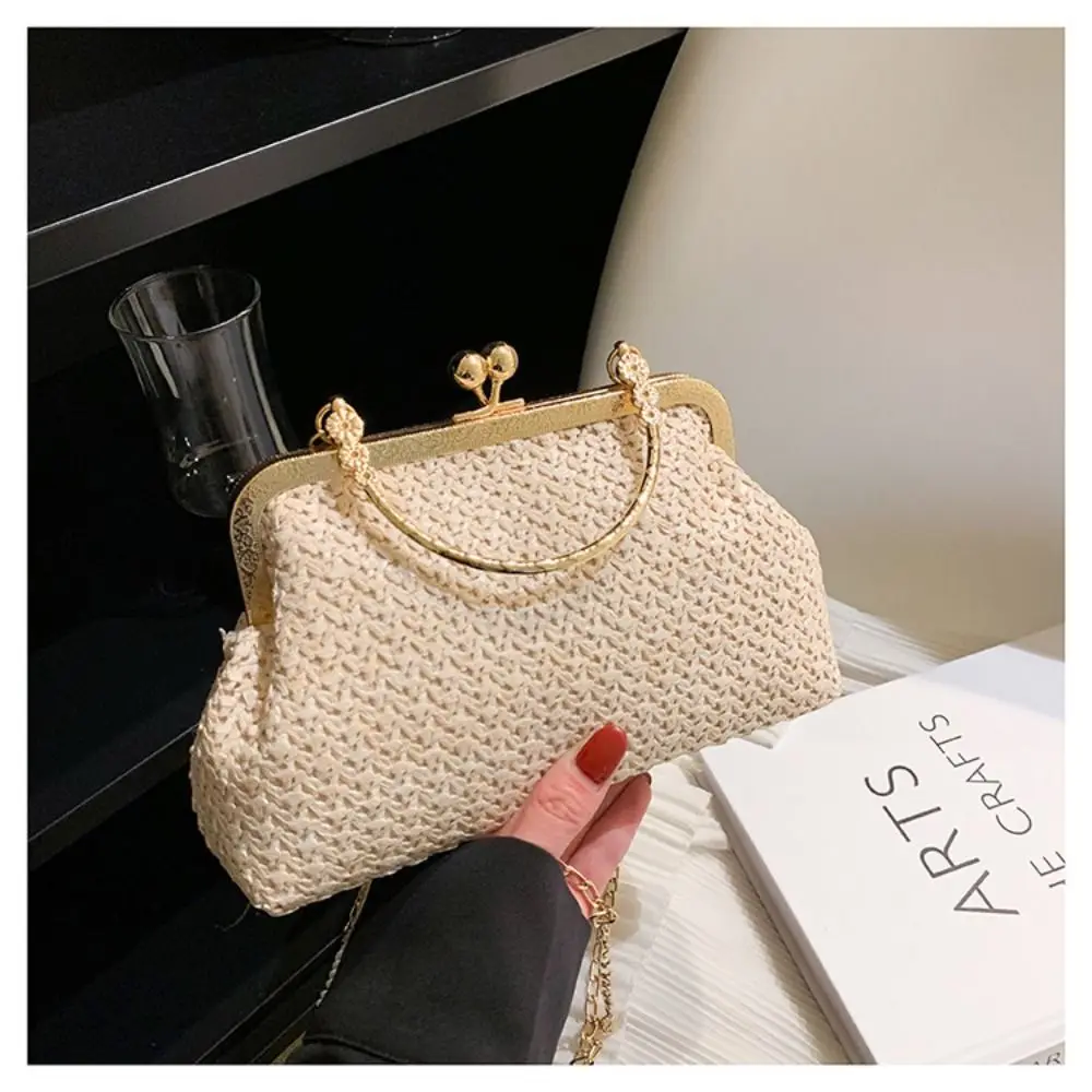 Hand Woven Straw Woven Handbag Clip Mouth Design Gold Chain Strap Clutch Purse Bag Small Size Texture Finish