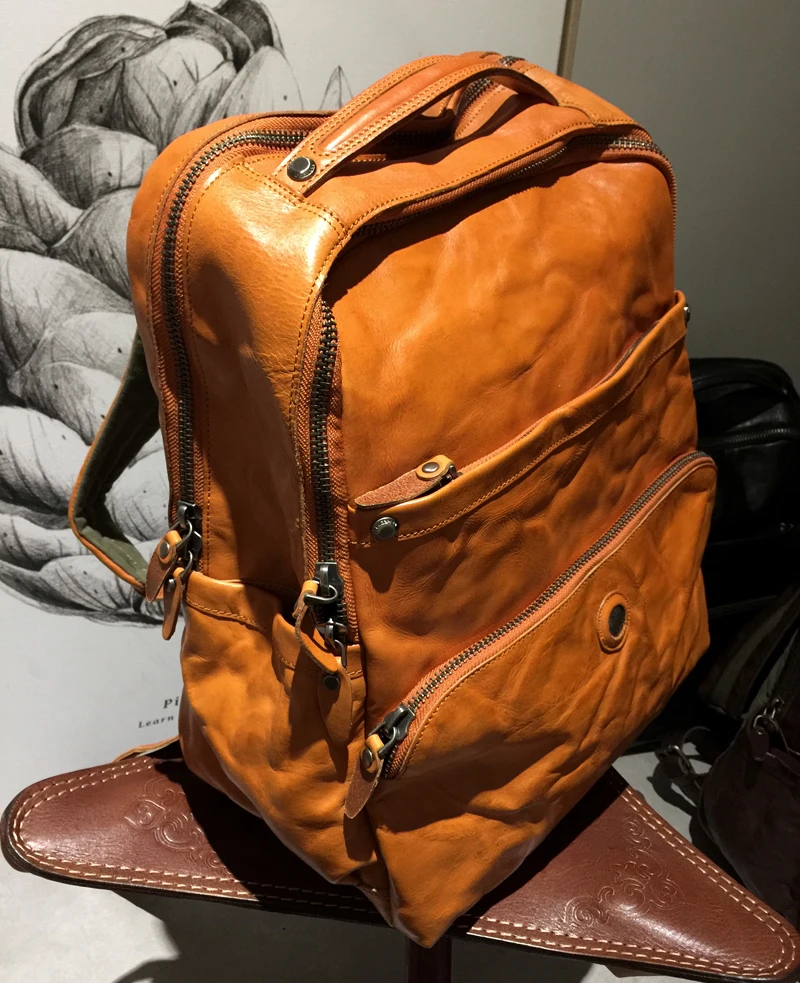 Imported Water Dyed Vegetable Tanned Leather Backpack Men Large Capacity Travel Backpacks Cowhide Men's Computer Shoulder Bags