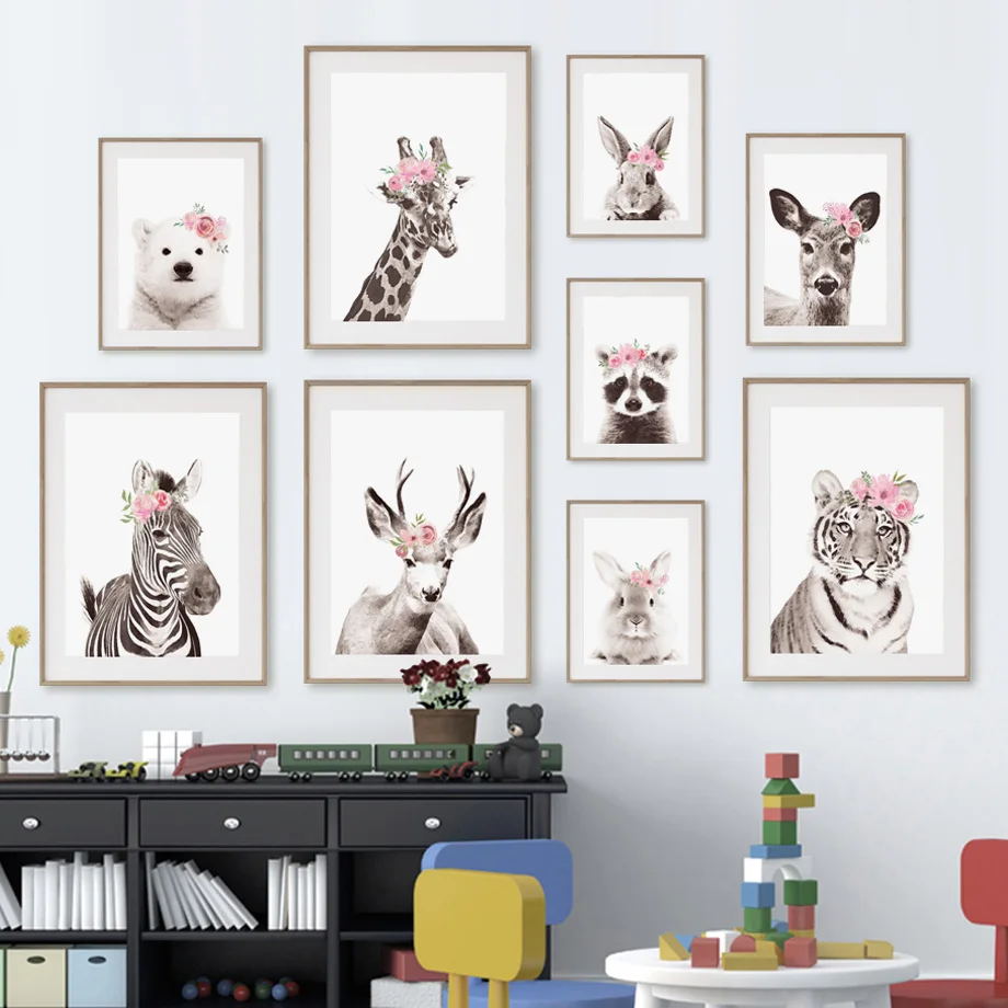 Nursery Wall Art Mural Prints Pink Floral Crown Animals Posters Baby Girl Room Decor Giraffe Zebra Tiger Deer Bunny Bear Racc