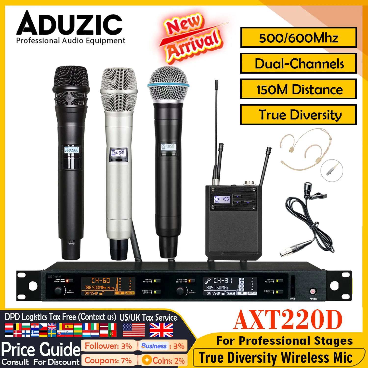 

ADUZIC AXT220D Wireless Professional Microphone Dynamic 500/600MHz 200M Beta58 KSM8 Stage Microphone UHF Wireless Pin Mic