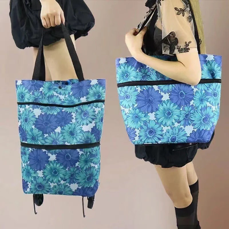Sac de chariot de courses pliable avec des roues, grand gril réutilisable, fourre-tout à main, sac de chariot de nervure d'épicerie de supermarché, tissu de cuillère à soupe