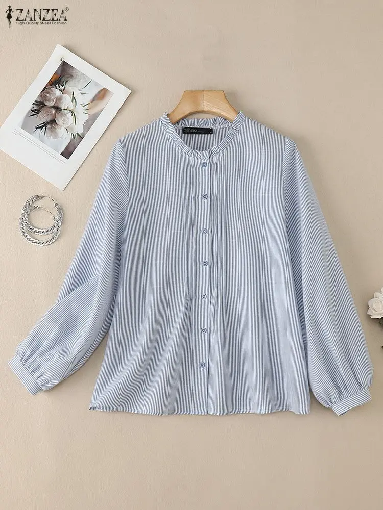 カジュアル女性ピンタック詳細ストライプシャツ秋 2025 フリル O ネックランタンスリーブボタンアップトップス ZANZEA 女性服 S-3XL