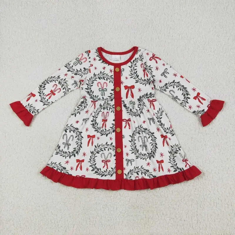 

8.14y Milk Silk Long Sleeve Holiday Dress for Girls Red Lace Christmas Bow Pattern Elegant Fashionable Button-Up Girls' Outfit