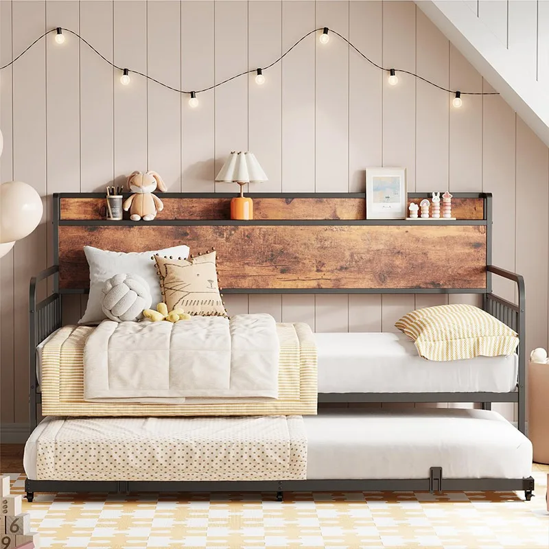 Plank backrest simple modern iron wood bed, thickened all-inclusive all-wood bed split sofa bed
