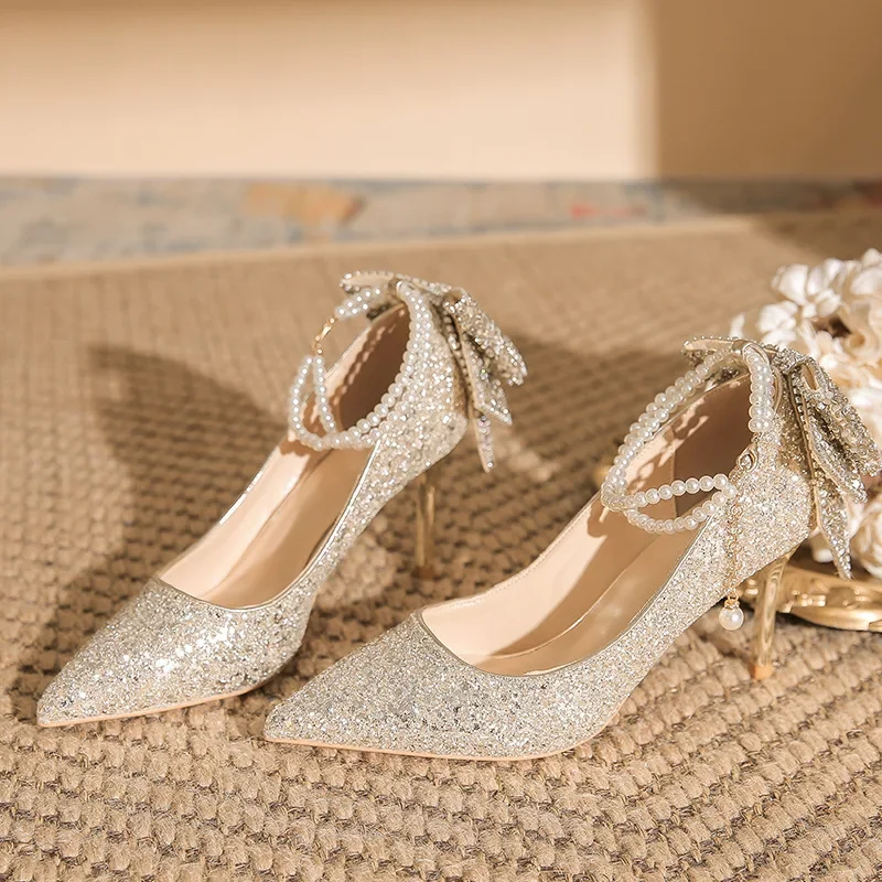 

6cm New Fashion Shallow Mouth Pumps Sequins High Heels Party Women Champagne Shoes 39 40