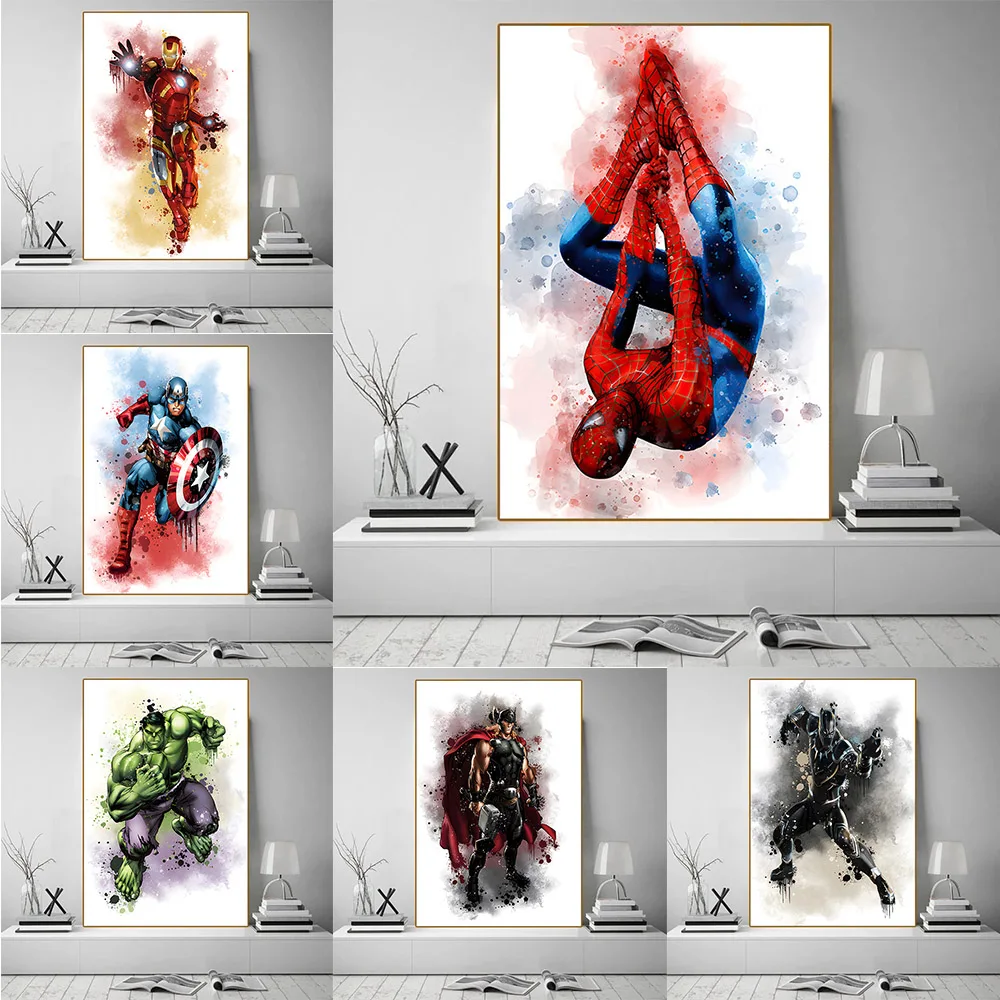 

MINISO Marvel Movie Avengers Watercolor Canvas Posters Spiderman Iron Man Hulk Home Wall Art Painting Prints Room Decor Murals